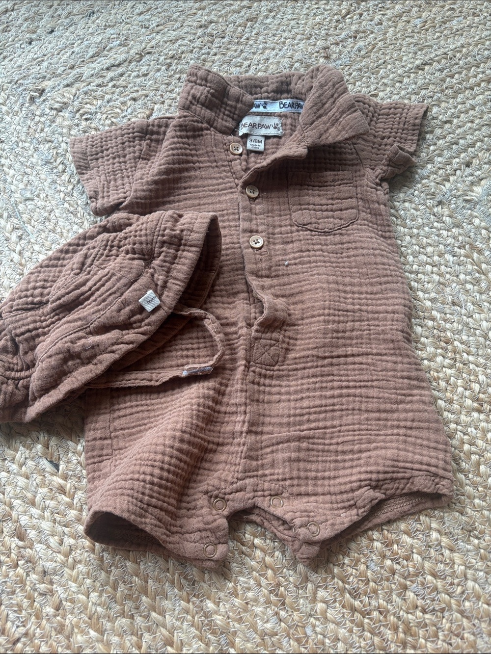 BearPaw Brown Muslin Baby Romper with Matching Hat, 3-6 mo